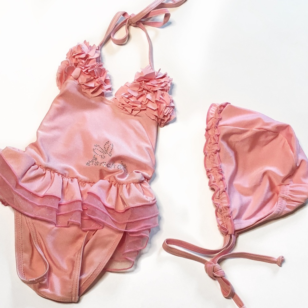 Pink Baby Vintage Swimsuit and swim cap size 2